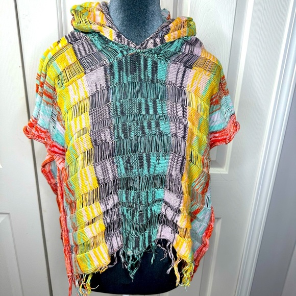 Sparrow Colorful Knit Hooded Poncho Sweater XS Boho Fringe Festival Vibes - Picture 1 of 8